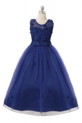 Girls Dress Style 1051 - Royal Blue Elegant Sleeveless Dress with Flower Details
